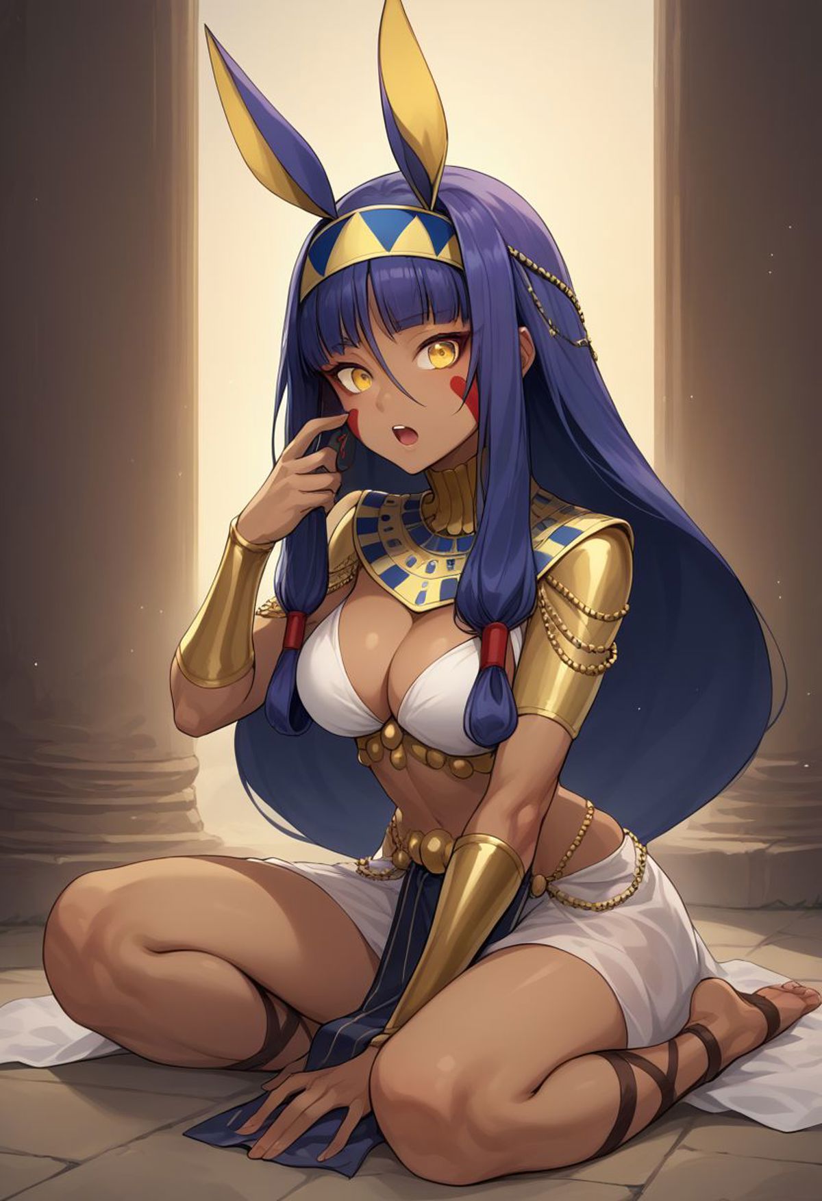 score_9, score_8_up, score_7_up, source_anime,
ancient egyptian clothes, cleavage, usekh collar, yellow eyes, open mouth, ...