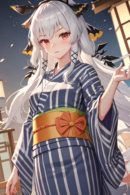 best quality, masterpiece, highres, solo, {yukata:1.40}, {kimono:1.20}, {weedy_arknights:1.15}, long_hair, bangs, red_eyes, grey_hair, upper_body, white_hair, very_long_hair, hair_ornament