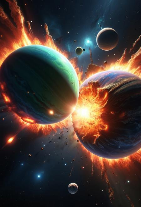 2 alien planets colliding in space, stars in background, cosmic explosion, hyper-realistic