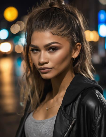 professional fashion close-up portrait photography of a young beautiful ((ohwx woman)) <lora:zendaya_lora_sdxl_v1-000008:1> in the city at night, Nikon Z9, bokeh