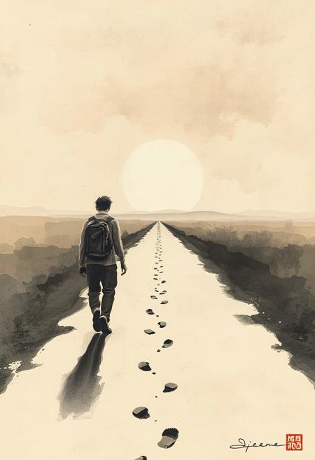 Timeless Wanderer , lone traveler walking an endless road, ink-washed footprints fading behind them, soft glowing horizon, vast empty landscapes merging with brushstrokes
ink-wash portrait, expressive bold ink strokes, melancholic solitary figure, vast misty landscape, desaturated soft tones, muted earth colors, atmospheric minimalism, textured aged paper, subtle stains and faded text, quiet river, distant mountains, open negative space, dreamlike and poetic mood