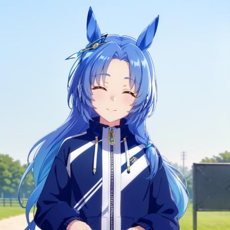 godol,1girl,horse girl,blue sky background,high quality,sunlight,midday,closed eyes,<lora:god03v9:0.7>,track jacket,black shorts,upper body,