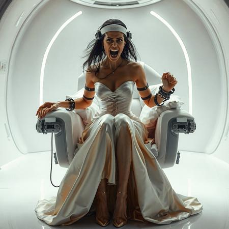 A slender, arrogant bride, dressed in a luxurious, rich fantasy satin wedding gown with a fitted, boned corset and a full, flared skirt, paired with satin high heels, struggles to break free from her restraints, her face contorted in a scream of desperation. The brainwashing headband, is secured to her temples, connected to a  futuristic superconputer rack. Her hands and ankles are bound to a biomechanical white chair, adorned with wet-look glossy pearl pillows, by massive steel restraints, accentuating her ultra-thin waist. she is drugged from standing drop counter with weird medicine. The scene is set in a sterile, empty chamber, with a glossy mother-of-pearl finish, evoking a sense of futuristic dread. Inspired by the cinematic styles of Ridley Scott, Guillermo del Toro, and H.R. Giger, with a blend of sci-fi and horror elements, this full-body portrait is a masterpiece of cinematic storytelling, shot on a virtual v-raptor XL camera, with a warm, film-grained aesthetic, subtle vignette, and rich color grading, reminiscent of 35mm film, with dramatic, atmospheric lighting, inviting the viewer to immerse themselves in this epic, stunning scene.