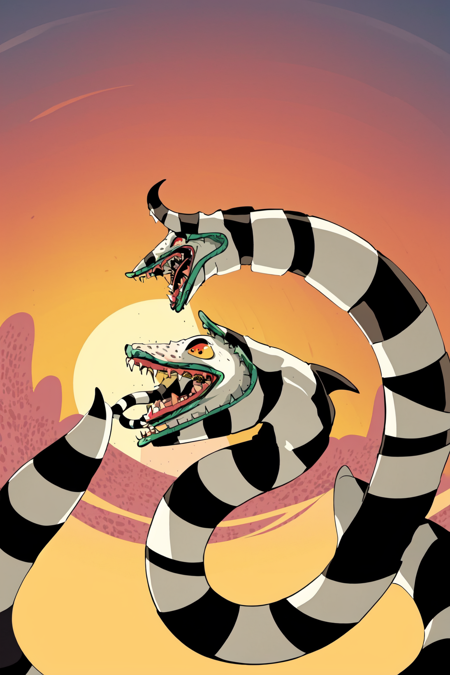 <lora:beetlejuiceSandy:.75>  sammie sandworm, snake, (no humans),open mouth, tongue, teeth, kawaii, sunset, mojave desert, (best illustration), (beetlejuice), kawaii, (masterpiece, best illustration), (dynamic angle),pov ,