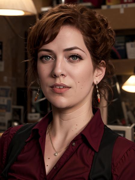 (Katherine Parkinson), woman with straight red hair and blunt bangs wearing a black pencil skirt and long_sleeve red_shirt and black_buttoned_vest with detailed eyes in a cluttered basement office, best quality masterpiece, photorealistic, detailed, 8k, HDR, shallow depth of field, broad light, high contrast, backlighting, bloom, light sparkles, chromatic aberration, sharp focus, RAW color photo <lora:Katherine-Parkinson-v10:0.8>