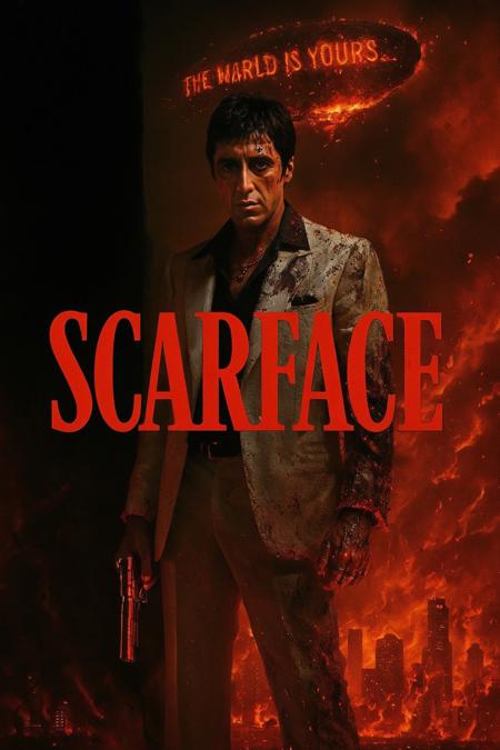 cinematic still poster design, Tony Montana, ash-covered white suit charred at the cuffs, scorched skin glowing from beneath, holding a rusted gold pistol at his side, “SCARFACE” in blood-red serif type slashed across the center, “THE WORLD IS YOURS…” flickering in embers across a crumbling blimp overhead, standing between burning white and obsidian black backgrounds split vertically, mid-body shot, low-angle framing, backdrop of a lava-lit 1980s Miami skyline twisting with firestorms, mood of power reclaimed through damnation, spotlight lighting from below casting warped shadows upward, color theme of ember red, sulfur gold, soot-black, and scorched ivory, style reference original Scarface poster reimagined through Dante’s Inferno
