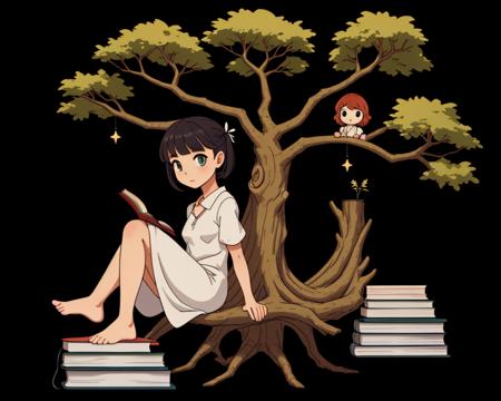 1girl on a book, tree, black background