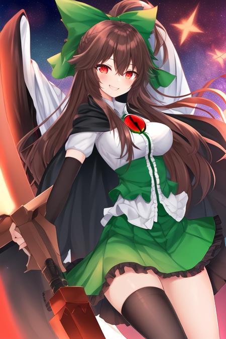 masterpiece, best quality, highres, solo, {reiuji_utsuho_touhou:1.10}, bow, long_hair, hair_bow, green_bow, wings, red_eyes, third_eye, black_wings, black_hair, cape, arm_cannon, brown_hair, smile, breasts, 1girl, skirt, green_skirt, weapon, open_mouth