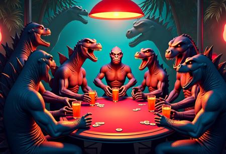Monsters, Kaiju, Godzilla, King Kong, Ghidorah, Gamera, Mechagodzilla,  playing poker, playing cards, poker chips,  drinking glowing red beer, in a jungle-decor room, comic book style
