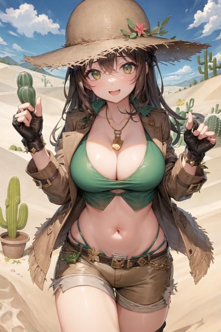 masterpiece, best quality, ultra-detailed, illustration, 1girl, <lora:SafariCaitlyn:1>, SafariCaitlyn, stainding, (green crop top), ((brown shorts)), brown jacket, brown hair, long hair, hat, fingerless gloves, cleavage, in a desert, sand, cactus