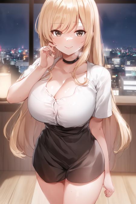 (Night:1.7), Japan, Tokyo, CityView, Before Window,
Standing at attention,
white shirt ,black collared shirt,short sleeves,short shorts,black choker, 
 <lora:Yejin_LIM_Learning-KK77-V1:0.7>,<lora:YejinsMother_Learning-KK77-V1:0.1>,
blonde hair,Brown eyes,bangs,very long hair,
1 girl, 20yo,Young female,Beautiful Finger,Beautiful long legs,Beautiful body,Beautiful Nose,Beautiful character design, perfect eyes, perfect face,
looking at viewer, Evil Smile,
NSFW,official art,extremely detailed CG unity 8k wallpaper, perfect lighting,Colorful, Bright_Front_face_Lighting,
(masterpiece:1.0),(best_quality:1.0), ultra high res,4K,ultra-detailed,
photography, 8K, HDR, highres, absurdres:1.2, Kodak portra 400, film grain, blurry background, bokeh:1.2, lens flare, (vibrant_color:1.2)
(Beautiful,Large_Breasts:1.2), (beautiful_face:1.5),(narrow_waist),