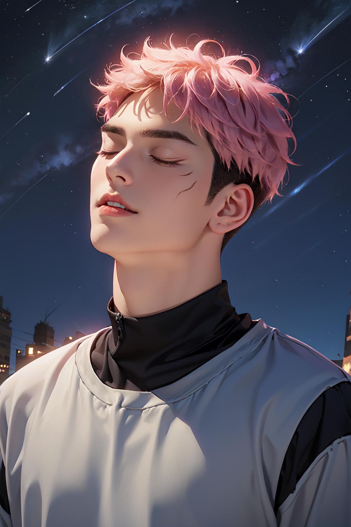 A young man with pink hair looking up into the night sky.