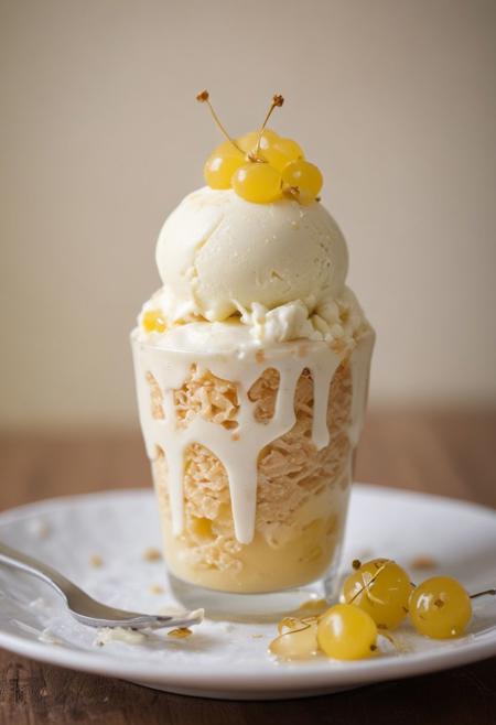 RAW photo, white currant ice cream, hot summer day, food photo, DSLR, fresh white currants and a drizzle of honey garnish, soft lighting, high quality, film grain, Fujifilm XT