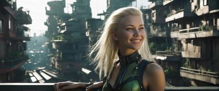 a beatiful young adult women of slender hourglass figure, with long undercut hair of mixed haircolor brunette and blonde, light green eyes, 
Endearing Grin  and Infectious Smile  and Delightful Smile  ,
__bg/zoom__
(on the balcony of)  a a cyberpunk  village  in the style of a mix of transhumanism and space age with smooth detail in the style of Jim Burns ,
((photo raw)), soft lighting and hard lighting movie  still and high contrast and Motion Blur and Chromatic Aberration , ,