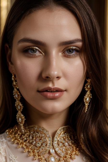 close-up photo of beautiful russian woman wearing white see-through gown with golden details, 25yo, half body, half naked, golden jewelry, intricate details, highly detailed face, dslr camera