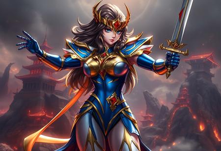 A epic details, dramatic, contemporary digital painting of Victorica, Angel of Bravery from the anime "Saint Seiya". The artwork emphasizes her bold form, featuring a voluptuous sexy, hourglass body shape, Beautiful body, Beautiful breast, clad in high-contrast blue and gold armor with red and white details. She is shown in a captivating, dynamic pose, arms reaching outwards, sword held firmly in her right hand, conveying intense warrior energy. The backdrop is a stylized, high-contrast rendering of an epic Fire Fortress atop Liang Peak, composed with Intentional Focus on the main subject. Style: Contemporary Aesthetics, reminiscent of Raphael Style dramatic lighting and form, enhanced by Houdini Style complexity and effects. Utilize Grammer Effect Style for visual impact. Focus on Impeccable Composition, Creative Angle (potentially Isometric), Well-timed Moment, Balanced Editing, Captivating Lighting. Includes Beautiful Detailed Eyes, CGSociety, Artstation Trending, Golden Ratio.