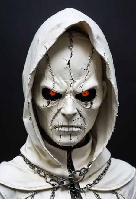 an uncanny otherworldly creature, make, surrealistic extreme, expressive, highly detailed and hyper realistic, horrifying pale body, scarred, white leather cowl, white hood, white painted face (cracked paint) grotesque appearance, hooded cowl, vicious angry hatred (glowing eyes 0.2), sunken eyes, black and ivory hues, desaturated colors, shadow play,  upper body side view, furiously angry, side view looking at viewer, old white leather tunic, Moebius dark sky in the background, wearing chains
<lora:xl_more_art-full_v1:0.5>
