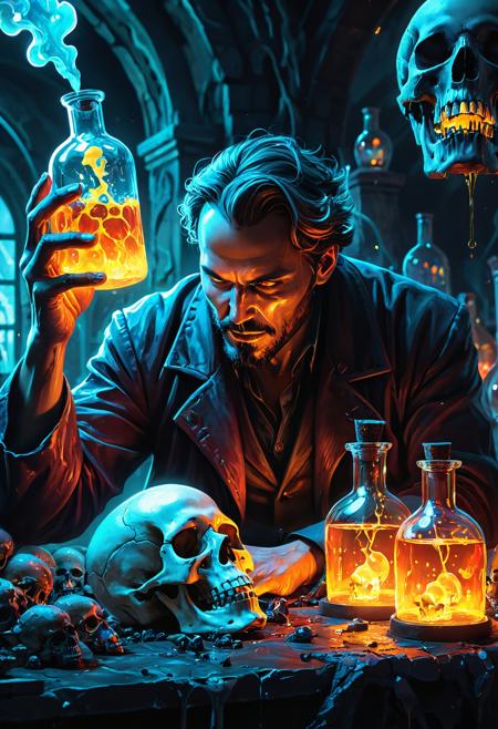 Fantasy concept art style of a mad scientist mixing glowing fluids into skull-shaped flasks, experimenting with the essence of death itself, digital painting, imaginative, dynamic composition, professional-grade execution, creates immersive world and landscape, brush strokes, epic, magical, apocalyptic surrealism art style, digital painting, eerie and haunting, surreal landscapes, dystopian ruins, twisted reality, dreamlike and nightmarish scenes, vibrant and dark color palette, intricate details, professional-grade execution, evokes a sense of doom and otherworldliness, slimes_skullwm, made of skulls SDXLposXL,