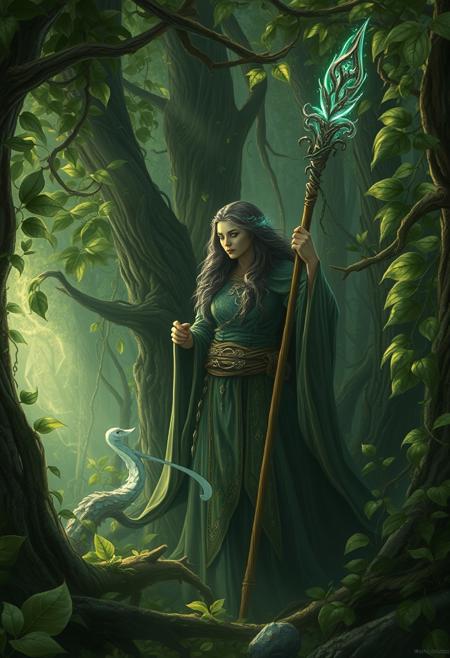 Deep within a mystical forest, a druid channels the forces of nature. Leaves and vines swirl around them as they commune with ancient spirits, their staff glowing with ethereal energy. The balance of life and magic hangs in the air
<lora:add-detail-xl:0.5> <lora:xl_more_art-full_v1:0.5>