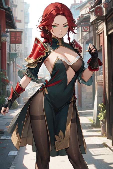 HwayoungEpic7, 1girl, solo, long hair, gloves, dress, cleavage, green eyes, braid, thighband pantyhose, red hair, fingerless gloves, see-through, chinese clothes, shoulder armor, 