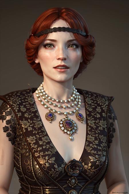 (masterpiece, best quality:1.2), <lora:orianna-18:0.7>, oriannaW3_soul3142, 1girl, solo, short hair, dress, brown eyes, jewelry, red hair, pearl necklace, black dress, lips, realistic