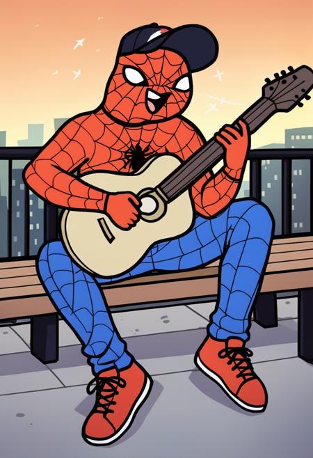 spider-meme, spider-man, mask, spider web print, red bodysuit, blue bodysuit, multicolored clothes, spideysuit, spider web print, meme, cartoon style, parody, big head, (extended head),white eyes,  white eyes without a pupil, red mask, blue pants, red shoes, red gloves, one-piece suit, one-piece  cosbenezon, holding a guitar, guitar, playing a guitar,  (open mouth),