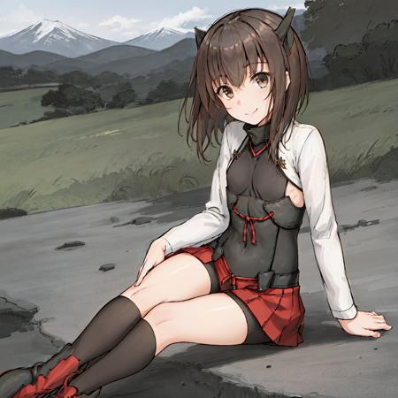 masterpiece, best quality, 1girl, solo, light smile, mountain, lake, meadow, panorama, jacket, kneehighs, boots, <lora:animemix_16:1>, taiho, 1girl, solo, looking_at_viewer, short_hair, skirt, simple_background, brown_hair, white_background, brown_eyes, pleated_skirt, shorts, flat_chest, feet_out_of_frame, headband, red_skirt, headgear, black_shorts, bike_shorts, hakama, hakama_skirt, hakama_short_skirt, shorts_under_skirt