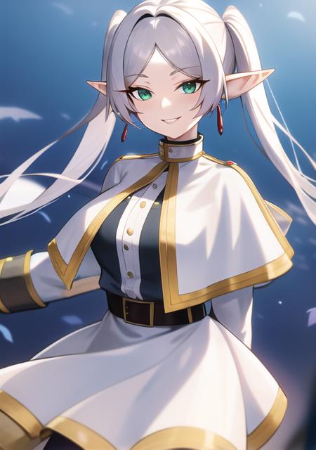 <lora:frieren:0.7>, frieren, 1girl, solo, long hair, breasts, looking at viewer, smile, bangs, long sleeves, dress, twintails, jewelry, green eyes, grey hair, pantyhose, cowboy shot, earrings, outdoors, parted lips, day, pointy ears, striped, belt, white dress, grin, arm up, black pantyhose, capelet, elf, arm behind back, black belt, white capelet