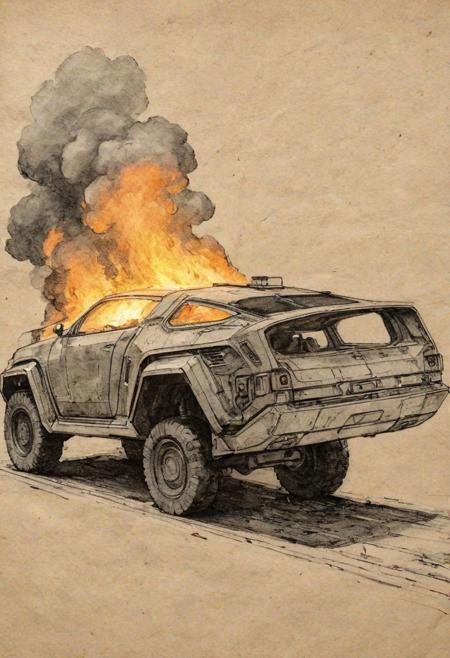 linquivera, liiv1, on parchment
sketch of vehicle in a futuristic but dystopian open environment,an open field, in a setting that features a woman walking away from a burning building. The scene should embody the depth and emotion typical of Renaissance art, with realistic details and proportions. Subtly integrate futuristic technology elements into this historical context, such as a small, advanced gadget or an anachronistic accessory that hints at advanced technology. The color palette should blend the rich, deep hues of Renaissance art with subtle metallic or neon accents to represent the futuristic aspects, creating a captivating juxtaposition of eras