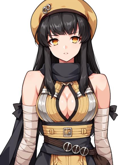  black hair, long hair, blunt bangs, long side bangs, amber eyes, sand beret, black scarf, aislin costume, bare shoulders, center opening, bandaged arms