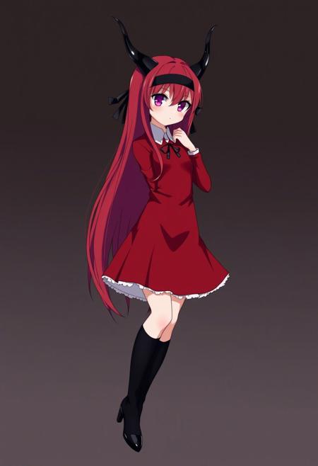 Anime girl with purple eyes, long red hair, knee length red dress, black long socks and high heeled boots. She has a black headband with two long black horns on her head.