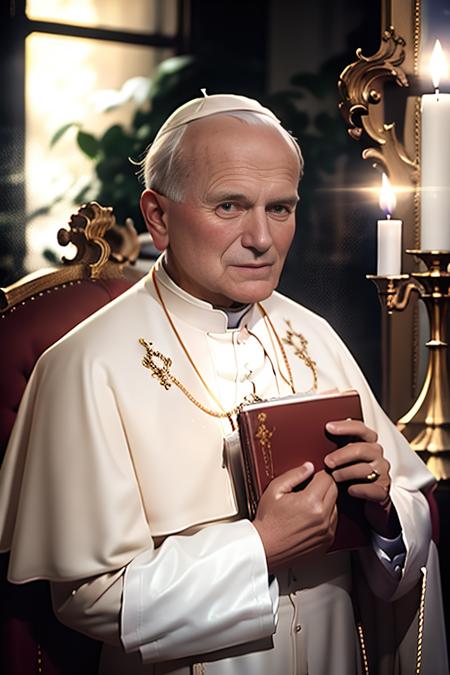 8k, raw, best quality, masterpiece:1.2,realistic, portrait of jp2v1 as old pope , in one hand he holds a decorated candle and in the other a holy bible, epic lighting, ray tracing, slightly blured Sistine Chapel in background, with professional color grading, soft shadows, bright colors, <lora:jpv2:1>