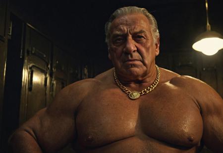 (photo, realistic, raw), (nighttime, at night, dark, dark hard shadows, cinematic atmosphere, movie grain, hazey atmosphere), closeup from below, (bavarian german, handsome, etherial, spiritual, emperor, king, god), old burly buff gentleman, old manly mature man, combed back hair,  doublechin, old tanned grandpa, wrinkly neck, proud big chest, thick neck, armpits, tanned skin, tight golden spandex, gold jewellery, gold necklace, in a dark locker room at night, nighttime, arrogant disgusted disappointed smile, intimite situation, romantic atmosphere, stern, serious, angry, sad expression,