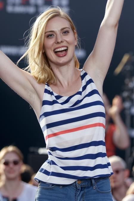 1girl, solo, portrait of a enthusiastic fan girl wearing striped top, at Glastonbury concert, sunny, raise up arms, grin, open mouth, female focus, photorealistic, soft colors, masterpiece, high quality, (high detailed skin:1.1) <lora:deborah_ann_woll_lora_v01:1> daw85, blonde hair