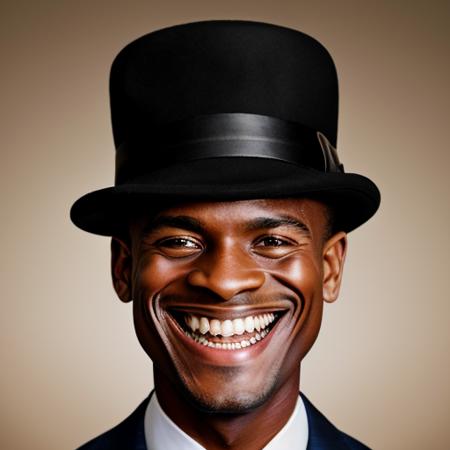 RAW photo, hat, a guy  , three-quarter, toothy grin, wearing suit <lora:tr0ll-000040:0.8>, 8k uhd, dslr, soft lighting, high quality, film grain, Fujifilm XT3, simple background