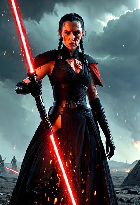 A beautiful Dark Sith lord with braided black hair stands defiantly amidst a raging storm on a desolate battlefield. Her Sith robe are intricately detailed and reflect the flickering light of distant fires, Star Wars style, The light of battle illuminates her determined expression as she prepares to face the dark enemy, (holding the Red Lightsaber in his hand: 1.5), Close up. Star Wars art style, Standing on a battlefield at the head of an army of Dark Siths, where a bloody slaughter is taking place, (standing in battle pose: 1.3), cinematic lightning, intricately detailed black and red Sith robe, The scene is reminiscent of a Greg Rutkowski concept art piece, realistic pale freckled face covered in blood, with dramatic lighting and a dark, curvy, looking at viewer, gritty atmosphere, Ultra-detailed, Raytracing reflections, High contrast, beautiful Dark Sith lord, beautiful firm body, girl athletic figure, (the pale face is very similar to Wednesday: 1.6), oranges, and greens, attractive 21 years old woman, cinematic lightning, Cinematic film still, Medium shot. Best quality, Masterpiece, The scene is reminiscent of a Greg Rutkowski concept art piece, realistic pale freckled face covered in blood, with dramatic lighting and a dark, gritty atmosphere, asymmetrical balance