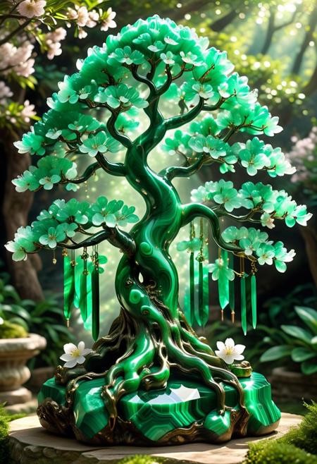 malachite_style, majestic cherry blossom tree, delicate petals crafted from translucent malachite, glowing emerald hues, sunlight refracting through gemstone petals, cascading green prisms scattering across the breeze, gnarled ancient trunk with veins of embedded jade, mystical aura, soft ethereal glow, serene Zen garden setting, cinematic lighting, ultra-detailed, breathtaking fantasy realism, enchanted atmosphere, dreamlike crystalline beauty