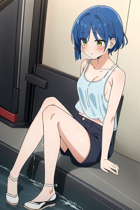 <lora:å±±ç°å1V-000009:0.5>,1girl,å±±ç°å,solo,blue hair,short hair,yellow eyes,bangs,hair ornament,hairclip,earrings,
small breasts,tank top,legs,full body,see-through,wet clothes,sweatdrop,red bra,short shorts,highleg panties,, Exquisite visuals, high-definition,masterpiece,best quality,