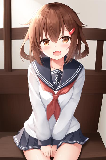 masterpiece, best quality, highres, solo, {ikazuchi_kantaicollection:1.10}, brown_hair, short_hair, hairclip, hair_ornament, brown_eyes, serafuku, fang, open_mouth, smile, blush