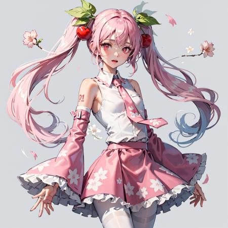 1girl, solo, <lora:Sakura_Miku-10:1>, pink hair, pink eyes, twintails, food-themed ornament, cherry_ornament, ((cherry_blossom print)), sleeveless, sleeveless shirt, detached sleeves, white shirt, pink necktie, petals, pink skirt, <lora:epiNoiseoffset_v2:1>, rim light, white_pantyhose, tattoo, bare_shoulders,