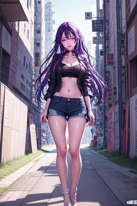 seele, official art, 1girl,purple hair, Women's shorts, full body, masterpiece, ultra realistic, 32k,ruined city, extremely detailed CG unity 8k wallpaper, best quality, dark background, solo,<lora:Seele_honkai_star_rail_copax_v1:0.7>