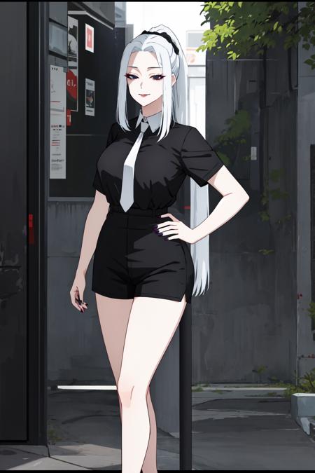 <lora:MeiMei-01:1> meimei, 1girl, solo, long hair, smile, Black Shorts, Black shirt, Short sleeves, ponytail, white - light blue hair, grey necktie, nail polish, hand on hip, black shirt, lipstick, letterboxed, purple nails, anime coloring, full body, long hair, looking at viewer, age 40, busty, large breasts, milf, black dress, Aesthetic, Trees, Outdoor, black skirt, Blood Wall, Blush, Dark Background, night, black eyes,