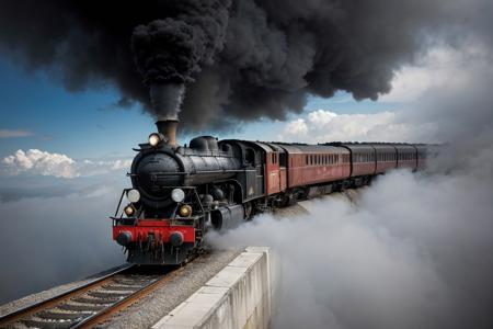 close-up, aerial view, highly detailed mystical art, cinematography, macro photography, high large thick white clouds, part of a ghostly old stone railway bridge is barely visible in the clouds, only the profile of the head of a black ghostly locomotive with a red Soviet star on the front is visible, thick black smoke comes out of the pipe, the clouds completely hid the carriages of the locomotive and the bridge