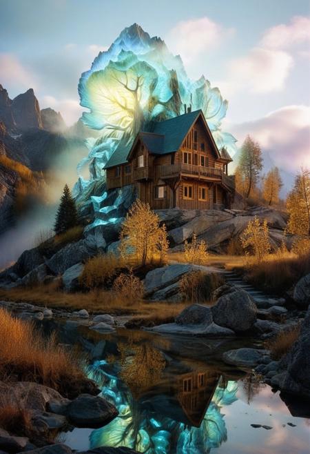 (by Ellen Jewett:1.5), ((gold Bioluminescent Impressionism: 1.8), The Dreamland), their peaks veiled in mist. mixed media, surrealism, great lighting, A surreal landscape highly detailed . extremely high-resolution details,  appears trapped in an optical illusion of reflections and refractions colorful , luxurious mountain cabin, ice and snow, professional photography, natural lighting, volumetric lighting maximalist. intricately detailed, complex, elegant, expansive, fantastical, film photography style,  medium grain,  <lora:MJ52:0.3>  <lora:SDXLFaeTastic2400:0.4>  <lora:EpicF4nta5yXL:0.7>.ethereal landscapes, depth of field, biotech emotion:1.3) <lora:xl_more_art-full_v1:0.5> <lora:add-detail-xl:1> <lora:RMSDXL_Creative:2>