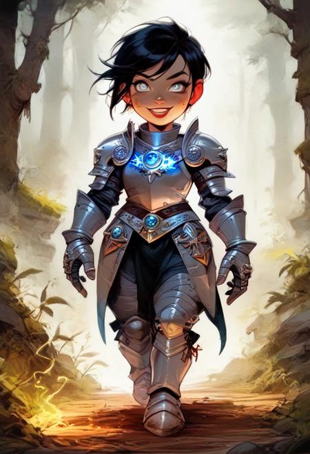 thick outlines, extremely detailed, sharp focus, HD, 1girl, solo, a gnome woman, shortstack, with short black hair and large swept bangs, wearing goggles with glowing, (dressed in the heavy plate armor of a knight:1.8), confident smile, walking, eyes to the side. Setting forest, dirt path, dark grass, fog, low light. gray eyes, holds a two-handed sword in his left hand,