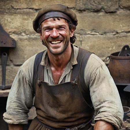 a medieval blacksmith, twill peasant clothes, cap, muscular, dirty face, (faint of enigmatic smile:0.25), laughing, looking at viewer, eye contact, portrait, vintage photo, forge, 