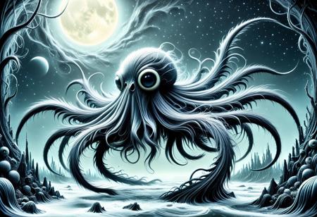 hyperrealistic, ink illustration artwork, organic macabre art of a creature \(made of w00kiee\), macabre, fear, frightening, organic, masterpiece, ultra-high resolution, incredible, extremely detailed, absurdres, vibrant, dynamic angle, dynamic pose, dramatic light, highly detailed, scenery, sharp and clear visual execution, surreal yet grounded elegance, inspired by Tim Burton and H. R. Giger and Luis Royo, in a darkness scifi world background setting