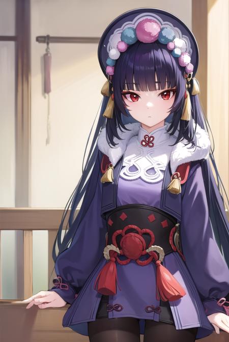 yunjin, <lora:yunjin-lora-nochekaiser:1>,
yun jin, black hair, blunt bangs, braid, eyeshadow, long hair, makeup, purple hair, (red eyes:1.5), red eyeshadow, (small breasts:1.2),
BREAK black footwear, boots, chinese clothes, fur trim, hat, knee boots, long sleeves, pantyhose, pom pom (clothes), purple pantyhose,
BREAK indoors, theater,
BREAK looking at viewer, (cowboy shot:1.5), upper body,
BREAK <lyco:GoodHands-beta2:1>, (masterpiece:1.2), best quality, high resolution, unity 8k wallpaper, (illustration:0.8), (beautiful detailed eyes:1.6), extremely detailed face, perfect lighting, extremely detailed CG, (perfect hands, perfect anatomy),