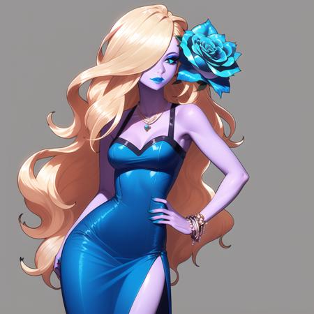 (best quality), ((masterpiece)), (highers), original, extremely detailed CG unity 8k wallpaper,
1girl, solo, flower, long hair, hair flower, hand on hip, hair ornament, jewelry, dress, blue lips, colored skin, bracelet, very long hair, lipstick, makeup, hair over one eye, breasts, side slit, blue eyes, necklace, blonde hair, nail polish, big hair, rose, blue nails, blue dress, blue flower, gray background, purple skin, medium breasts, blue rose,
<lora:DNF_style_v2:0.9>