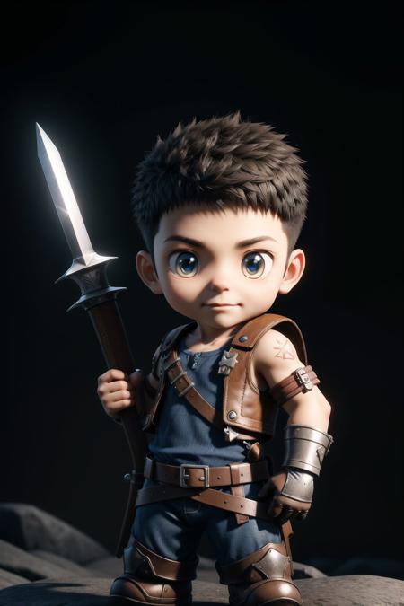 masterpiece, best quality, game icon institute,game icon,A little boy carrying a giant sword on his back. 3d, oc rendering, unity 8k wallpaper, unreal engine, chibi,